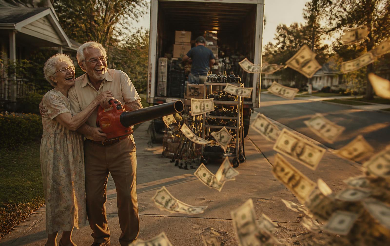 An older couple laughing in their driveway, blowing dollar bills into the street with a leaf blower