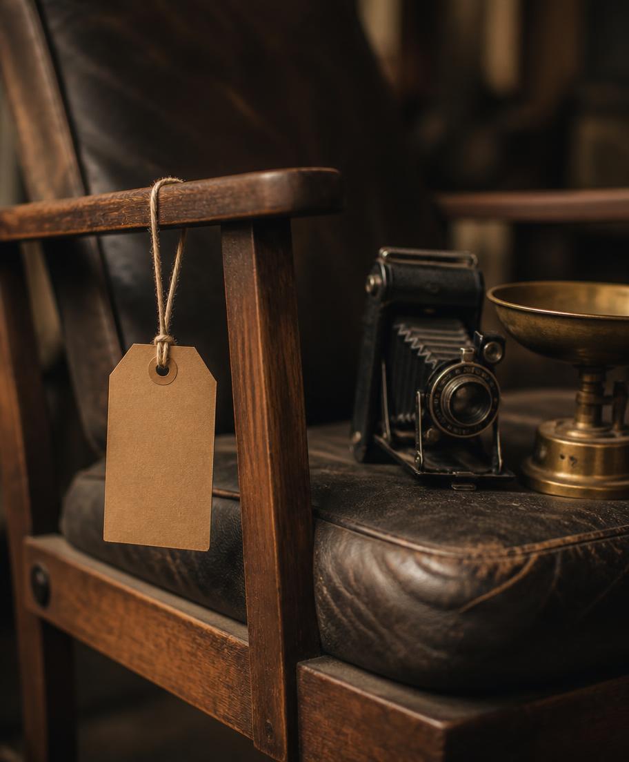 A blank paper price tag on twine hanging from a worn lounge chair beside an antique folding camera